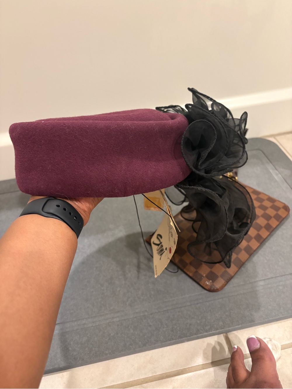 Plum Felt Pillbox Headband with Black Floral Detail